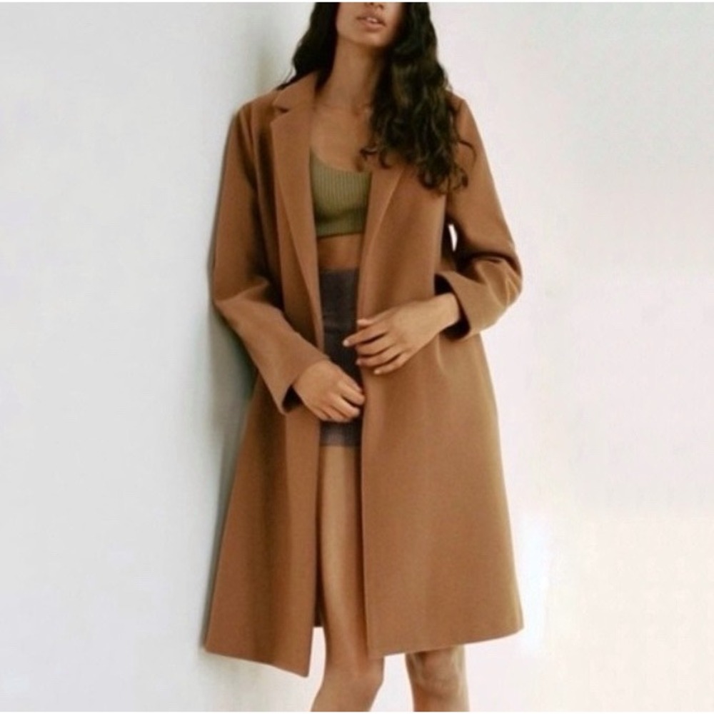 Zara Womens Camel Brown Open Front Longline Coat Notched Lapel Size L